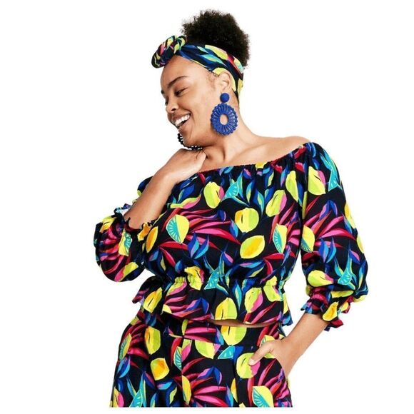 Tabitha Brown womens Sz S multicolor lemon print Bardot off the shoulder top - Picture 1 of 8